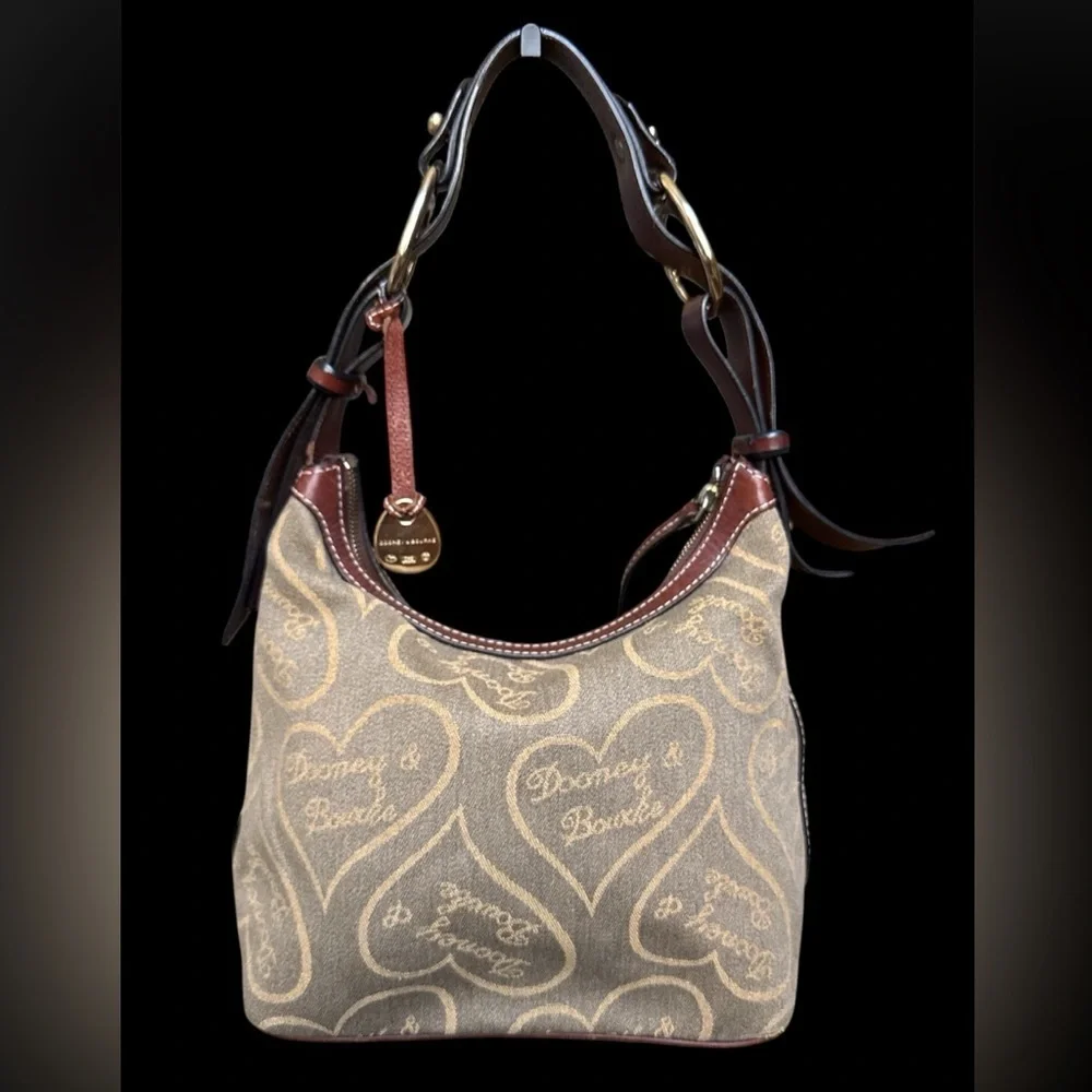 Vtg Dooney Bourke Denim Heart Olive Green & Amber Signature Bag Slouch Purse - Picture 1 of 10
